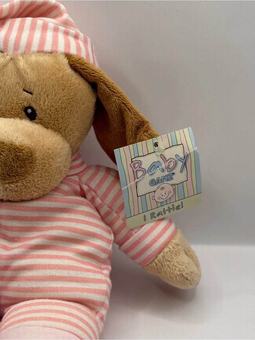 GANZ Baby Rattle Puppy Lovey Plush Pink with Stripes Tylux Stuffed Animal